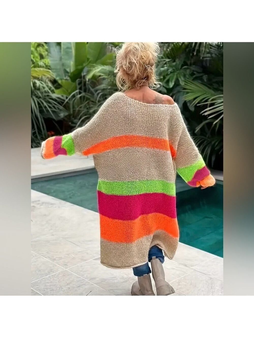 Oversized Bohemian Knit Crochet Peace Pattern Color Block Loose Sweater Dress - Picture 3 of 5